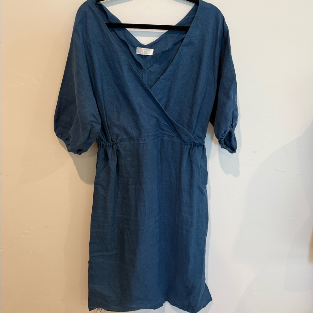 Aria Cloth Linen Blue Midi Dress Womens XL Beachy Coastal Summer Vacation Cruise